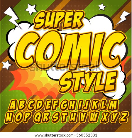 Alphabet collection set. Comic pop art style. Orange color version. Letters, numbers and figures for kids' illustrations, websites, comics, banners.