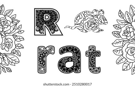 Alfabeto cor página livro design letra R com rato palavra fundo rosa flor arte modelo