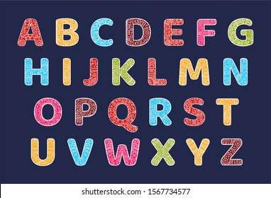 Alphabet with colored letters with white doodle patterns in hand drawing style isolated on a dark background. Coloring and illustration vector in lines for inscriptions, naming, alphabet for children.