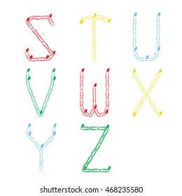 Alphabet from colored paper clips on a pushpin. The letters S, T, U, V, W, X, Y,Z. Vector illustration.