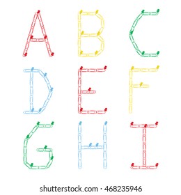 Alphabet from colored paper clips on a pushpin. The letters A, B, C, D, E, F, G. H, I. Vector illustration.