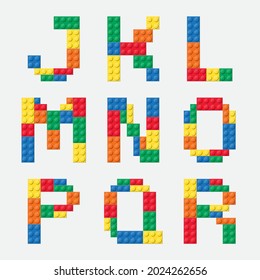 Alphabet from colorful brick block toy like Lego. Letter design for children. Building brick fonts for poster, banner, logo, print for kids.