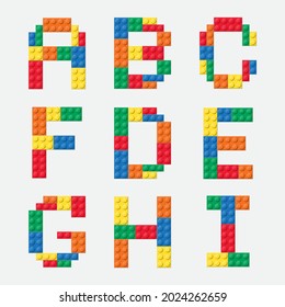 Alphabet from colorful brick block toy like Lego, Building brick fonts for children poster, Letter design, banner, logo, print for kids.
