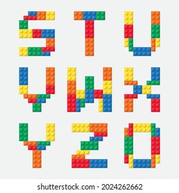 Alphabet from colorful brick block toy like Lego. Letter design for children. Building brick font for poster, banner, logo, print for kids.