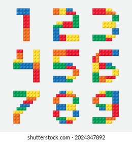 Alphabet from colorful brick block toy like Lego. Building brick number for poster, banner, logo, print for kids.