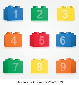 Alphabet from colorful brick block toy like Lego. Building brick numbers for poster, banner, logo, print for kids.
