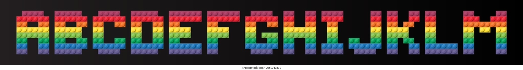 Alphabet from colorful brick block toy like Lego. Building brick fonts for poster, banner, logo, print for kids.