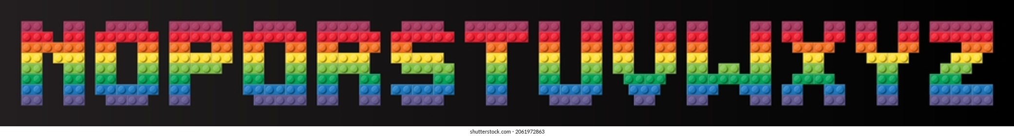 Alphabet From Colorful Brick Block Toy Like Lego. Building Brick Fonts For Poster, Banner, Logo, Print For Kids.