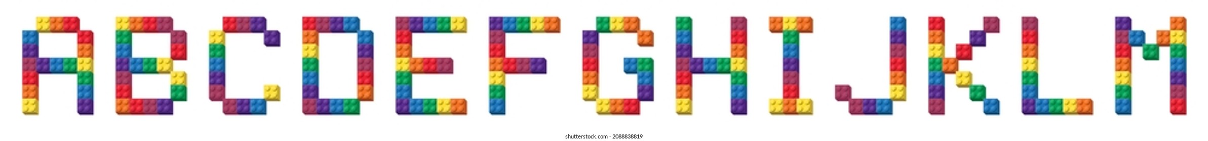 Alphabet from colorful brick block toy and game like Lego, Building cube fonts, ABC typography letters for poster, banner, logo, print for kids.