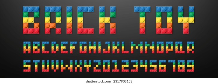 Alphabet from colorful brick block toy like Lego, Building brick font for children party, sale promotion, toy shop, store, letter, number, poster, banner, post, kid party, logo, advertising. vector