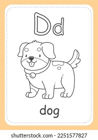 Alphabet coloring book card for children with the letter D and a dog. Educational card for kids. The word dog, the English alphabet. Vector illustration.
