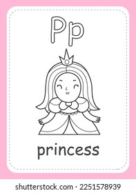 Alphabet coloring book card for children with the letter P and a princess. Educational card for kids. The word princess, the English alphabet. Vector illustration.