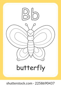 Alphabet coloring book card for children with the letter B and butterfly. Educational card for kids. The word butterfly, the English alphabet. Vector illustration.