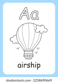 Alphabet coloring book card for children with the letter A and airship. Educational card for kids. The word airship, the English alphabet. Vector illustration.