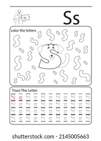 alphabet coloring book cute dog letter S . kids learning illustration .letters coloring and tracing book
