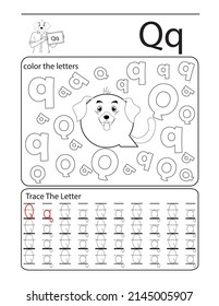 alphabet coloring book cute dog letter Q . kids learning illustration .letters coloring and tracing book