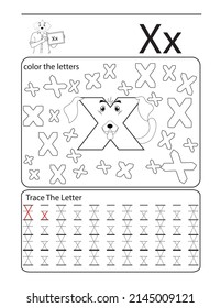 alphabet coloring book cute dog letter X . kids learning illustration .letters coloring and tracing book