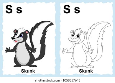 Alphabet coloring book page with outline clip art to color. Letter S. Skunk. Vector animals.