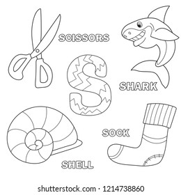 Alphabet coloring book page with outline clip art. Letter S. Vector Shark, scissors, sock, shell