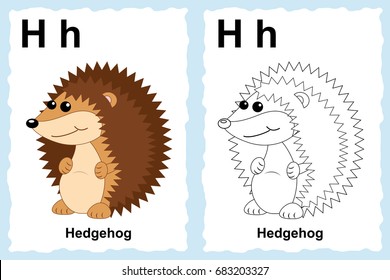 alphabet coloring book page with outline clip art to color. Letter H. Hedgehog