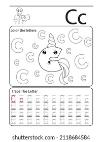 alphabet coloring book unicorn  letter C . kids learning illustration .letters coloring and tracing book