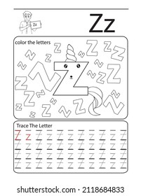 alphabet coloring book unicorn  letter p . kids learning illustration .letters coloring and tracing book