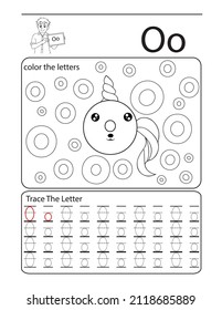 alphabet coloring book unicorn  letter O . kids learning illustration .letters coloring and tracing book