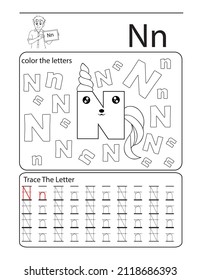 alphabet coloring book unicorn  letter N . kids learning illustration .letters coloring and tracing book