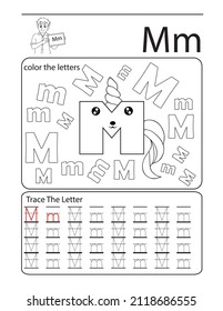 alphabet coloring book unicorn  letter M . kids learning illustration .letters coloring and tracing book