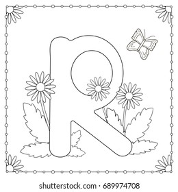 Alphabet coloring page. Capital letter "R" with flowers, leaves and butterfly. Vector illustration.