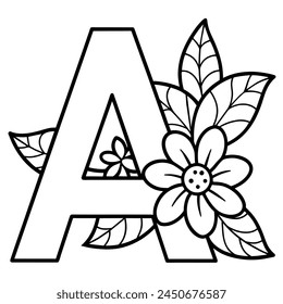 Alphabet A coloring page with the flower, A letter digital outline floral coloring page, ABC coloring page