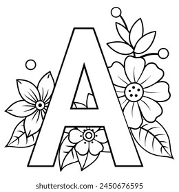 Alphabet A coloring page with the flower, A letter digital outline floral coloring page, ABC coloring page