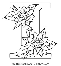 Alphabet I coloring page with the flower, I letter digital outline floral coloring page, ABC coloring page