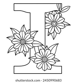 Alphabet I coloring page with the flower, I letter digital outline floral coloring page, ABC coloring page