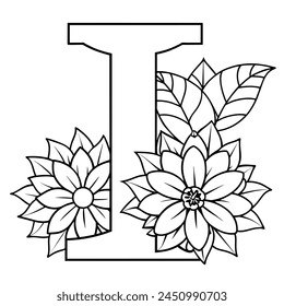 Alphabet I coloring page with the flower, I letter digital outline floral coloring page, ABC coloring page