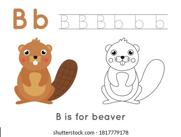 Alphabet coloring page for kids. Basic writing activity. Tracing ABC letters worksheet. Letter B with cute cartoon beaver.