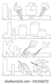 Alphabet coloring page. Letters i, j, k, l. Vector illustration