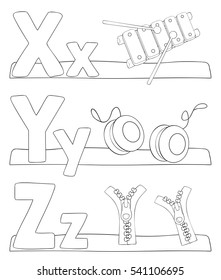 Alphabet coloring page. Letters x, y, z. Vector illustration