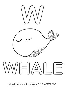 Alphabet coloring page with While animal in doodle style. Vector illustration. 