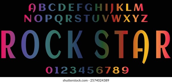 Alphabet colourful template. Rainbow Color font . Set of letters and numbers futuristic design. Vector illustration