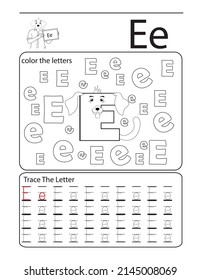 alphabet colouring book cute dog letter E . kids learning illustration .letters colouring and tracing book