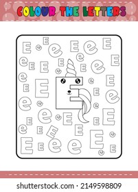 alphabet colouring book unicorn letter. kids learn illustrations .letters colouring pages. Cute cartoon letters. Black and white vector illustration for kid's activity colouring book