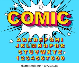 Alphabet Comic. Retro Blue. Letters,numbers For Kids Illustrations, Websites, Comics, Banners. Vector Comic Alphabet. Pop-art Cartoon ABC Lettering Font. Comics Speech Bubble Bang For Explosions.