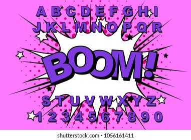 Alphabet Comic Retro. Letters, numbers for kids illustrations, websites, comics, banners. Vector Comic alphabet. Pop-art Cartoon ABC Lettering Font. Comics speech bubble bang for explosions.Boom! Bang