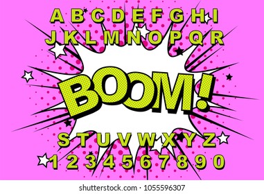 Alphabet Comic Retro Pink. Letters, numbers for kids illustrations, websites, comics, banners. Vector Comic alphabet. Pop-art Cartoon ABC Lettering Font. Comics speech bubble bang for explosions.Boom!