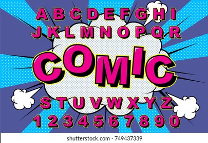 Alphabet Comic retro pink. Letters, numbers for kids illustrations,websites, comics,banners. Vector Comic alphabet. Pop-art Cartoon ABC Lettering Font. Comics speech bubble bang for explosions.Boom.