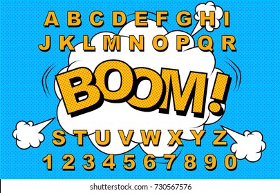 Alphabet Comic retro yellow. Letters, numbers for kids illustrations,websites, comics,banners. Vector Comic alphabet. Pop-art Cartoon ABC Lettering Font. Comics speech bubble bang for explosions.Boom.