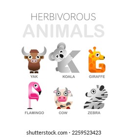 Alphabet concept. Various animal alphabet. Letters from Y, K, G, F, Z, C. Educational card for children with herbivorous animals isolated on white background. Different animals. Vector illustration