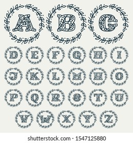 Alphabet consisting of floral pattern letters in a circle laurel wreath. Linear heraldic vector font. Can be used for boutique, cafe, restaurant, royalty, hotel, jewelry or sport industry.