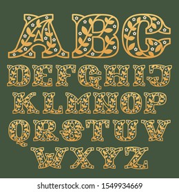 Alphabet consisting of floral pattern letters with chamomile flower. Linear classic vector font. Can be used for cosmetics, spa, beauty salon, decoration, boutique, jewelry and fashion industry.